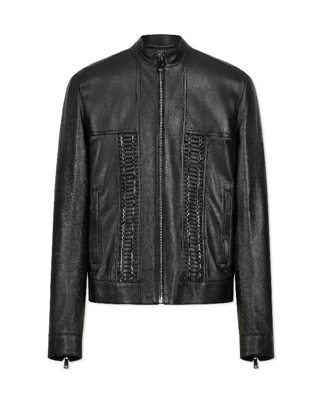 Men's relaxed fit bomber jacket-Leather Moto Jacket With Woven Chain Detail