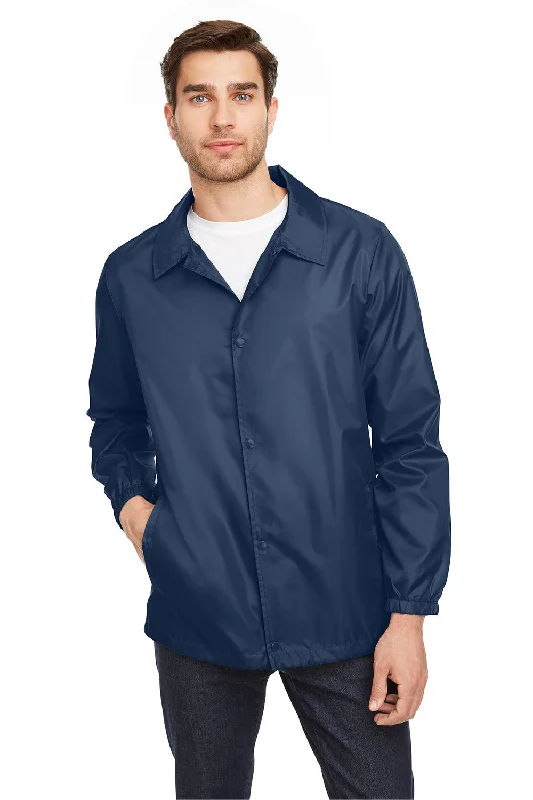 Men's breathable windbreaker-Team 365 Mens Zone Protect Water Resistant Snap Down Coaches Jacket - Dark Navy Blue