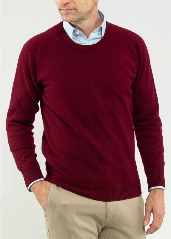 Men's training knit-Alan Paine Sweater - Burgundy Dorset Lambswool Saddle Shoulder Crew Neck Sweater - Classic Fit