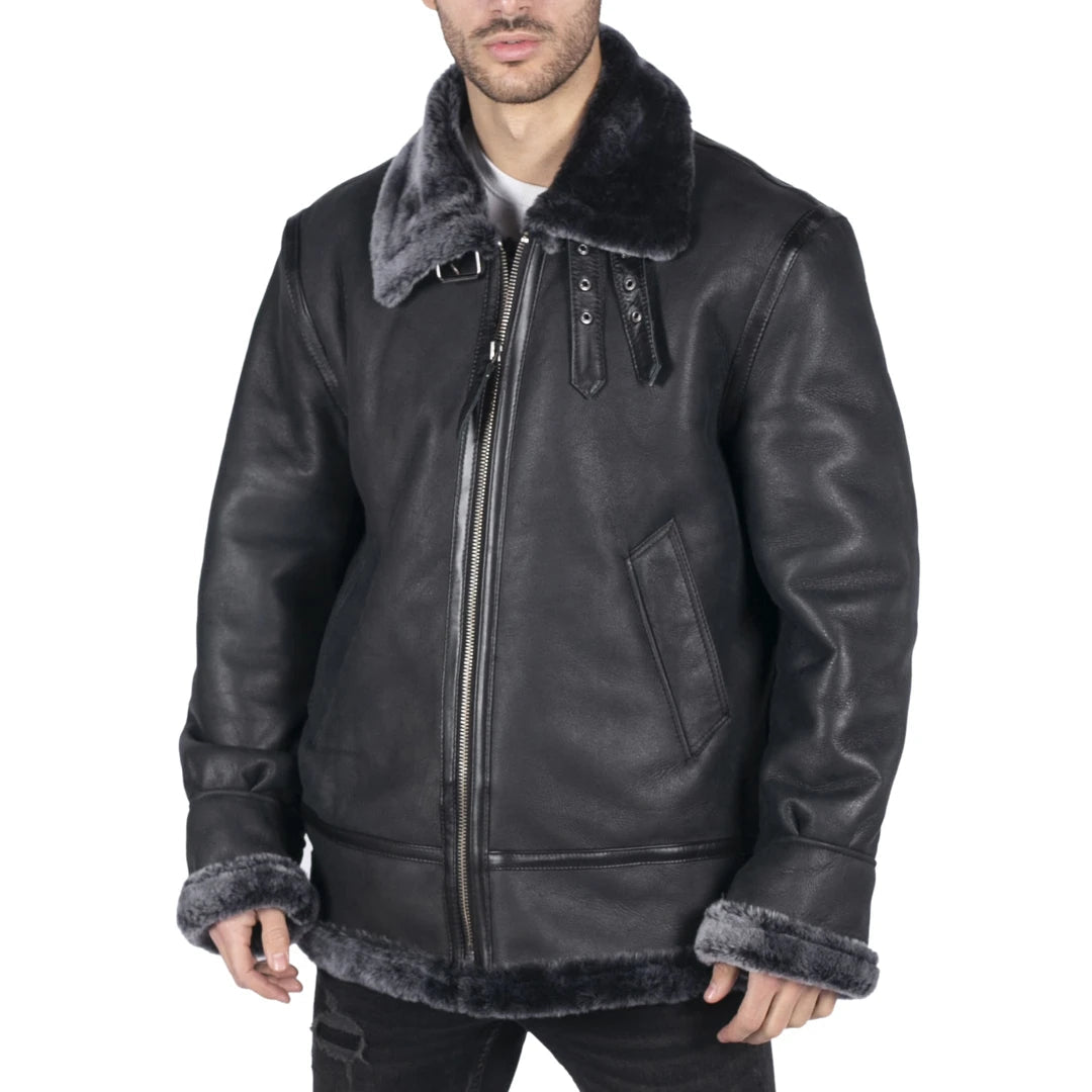 Men's comfortable field jacket-Men's Sheepskin Leather B3 Flying Aviator Jacket Black Grey Fur