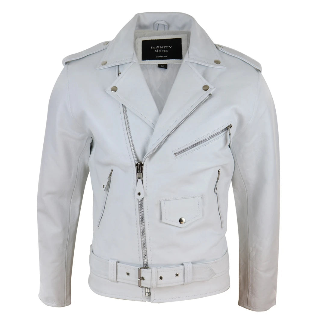 Men's modern utility jacket-Men's Leather Biker Jacket Cross Zip Brando White Hide Grease Classic