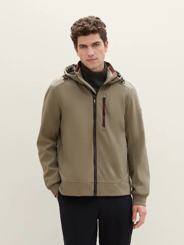 Men's eco-conscious puffer jacket-Tom Tailor Soft Shell Smoked Olive Green jacket With A Hood