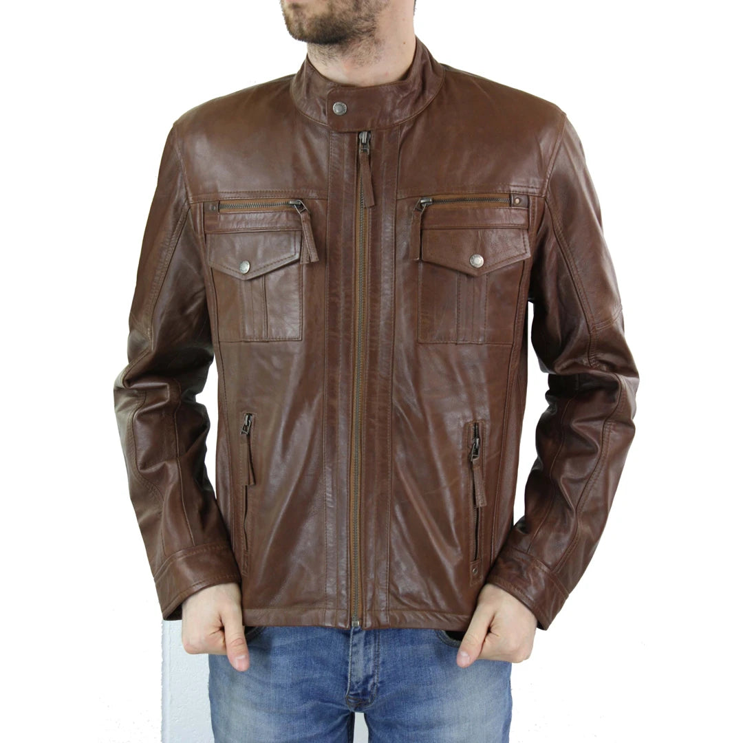 Men's adventure-ready trench coat-Men's Leather Biker Jacket Zipped Nehru Grandad Collar Regular Fit