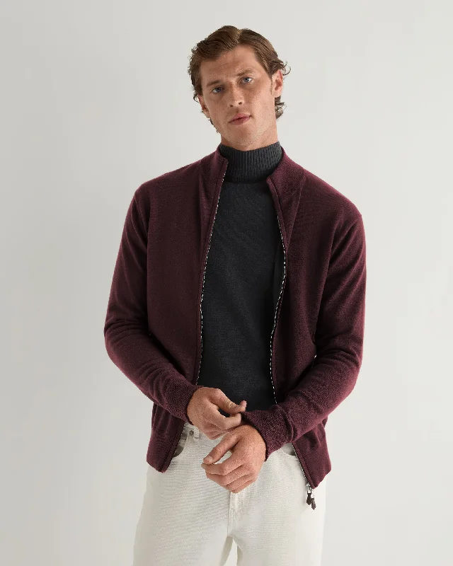 Men's professional knit-Men's Knightsbridge Full Zip Cashmere Sweater Claret Red