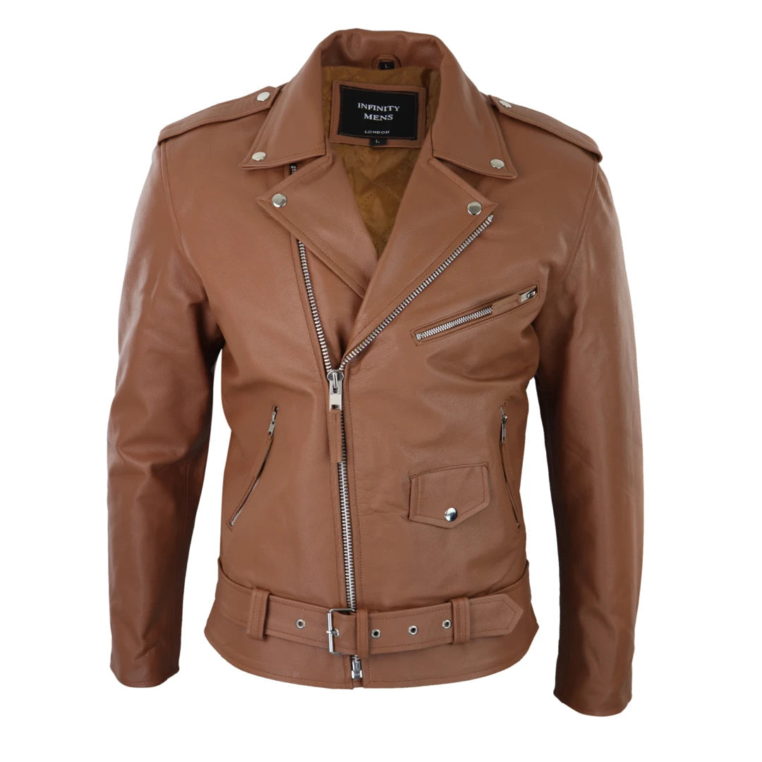 Men's antibacterial leather jacket-Men's Cow Hide Original Cross Zip Brando Biker Motorcycle Leather Jacket Tan