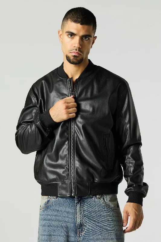 Men's quick-dry field jacket-Faux Leather Bomber Jacket