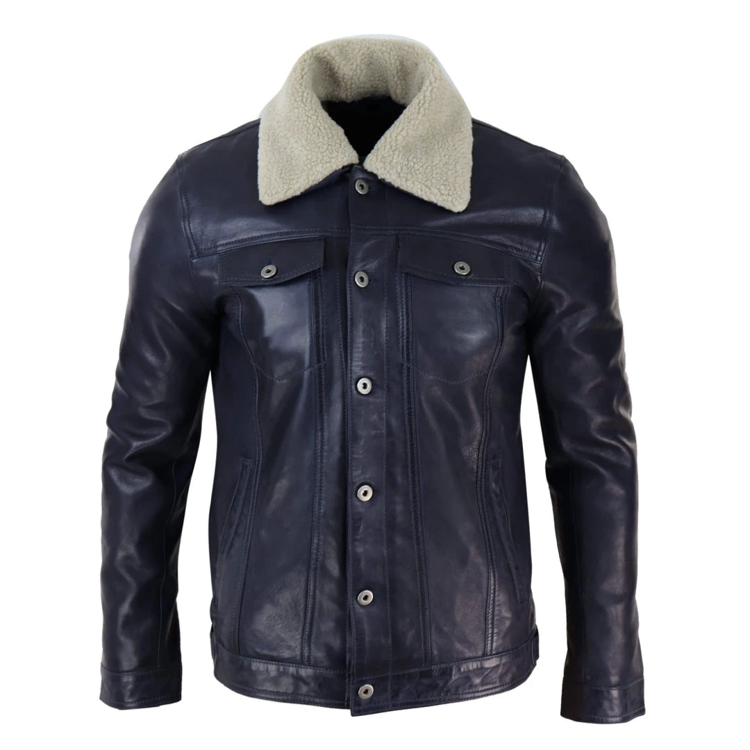 Men's ultra-lightweight parka-Men's Leather Jeans Jacket Fur Collar Classic Navy Blue