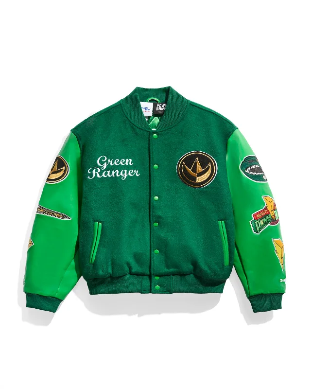 Men's wrinkle-resistant fleece jacket-Power Rangers Green Varsity Jacket