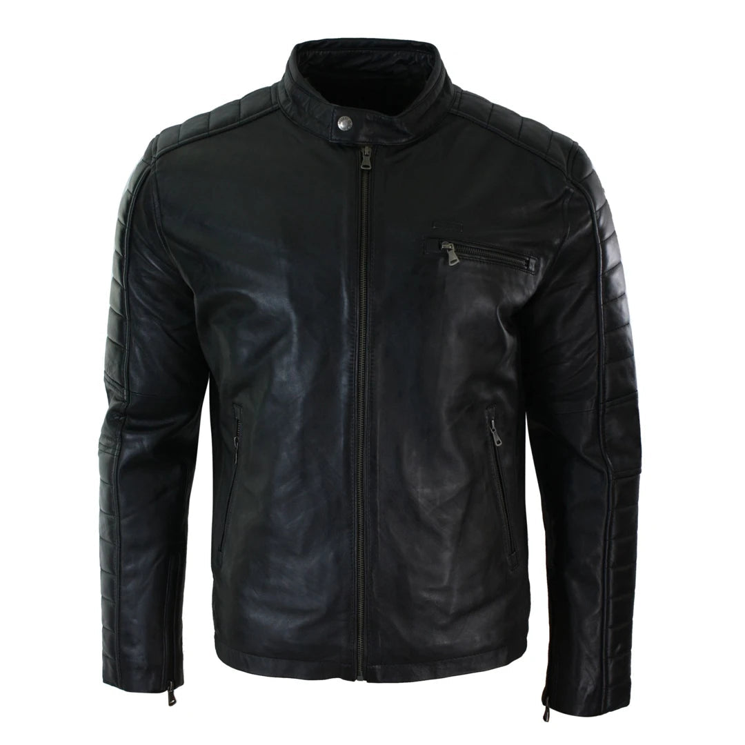 Men's tech-inspired raincoat-Men's Black Tan Brown Leather Biker Jacket Zipped