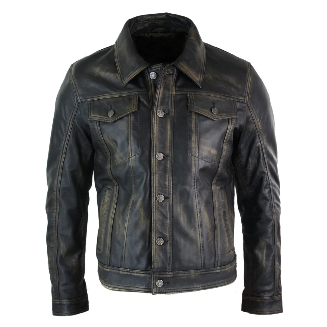 Men's adventure-ready utility jacket-Men's Jeans Jacket Leather Short Washed Biker