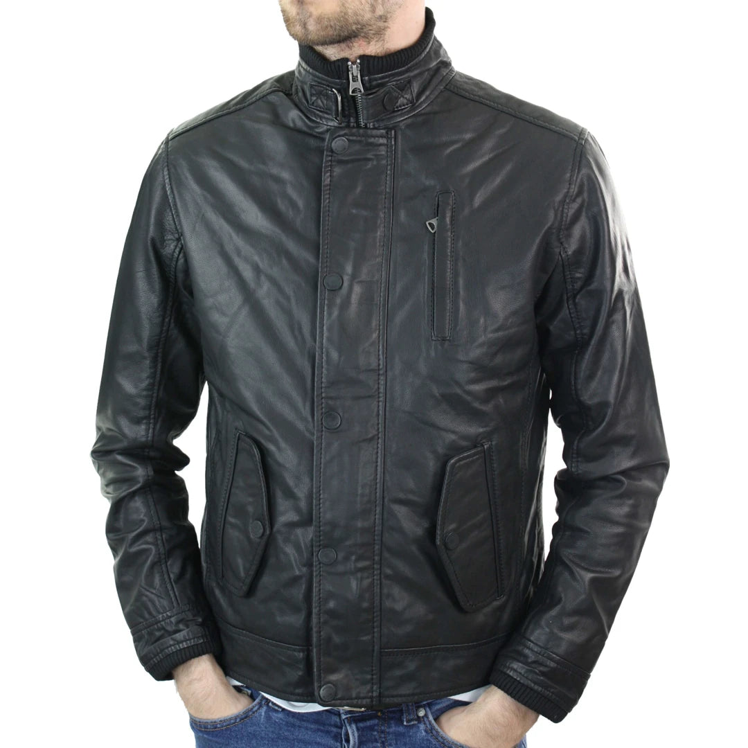 Men's lightweight leather jacket-Men's Leather Zipped Black Jacket Short Coat