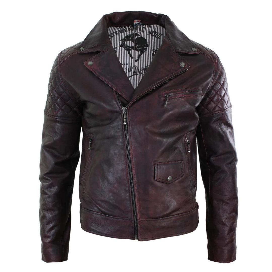 Men's wrinkle-free raincoat-Men's Washed Brown Black Leather Biker Jacket Cross Zip