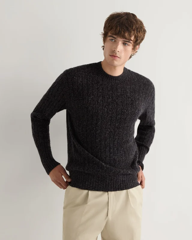 Men's construction knit-Men's Thames Cable Round Neck Cashmere Sweater Granite Grey