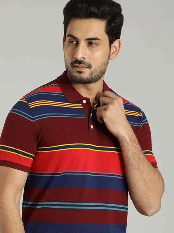 Men's summer travel polo shirt-Men Striped Polo T-Shirt