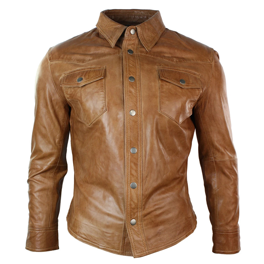 Men's naturally breathable windbreaker-Men's Leather Shirt Jacket Tan Brown Black