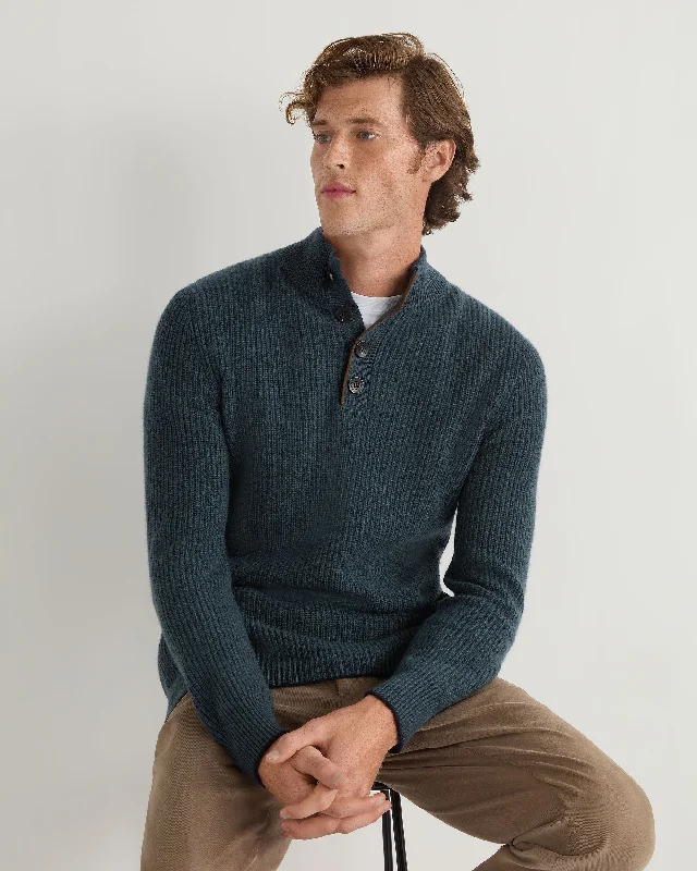 Men's quick-dry sweater-Men's Beauchamp Half Button Cashmere Sweater Caviar Blue