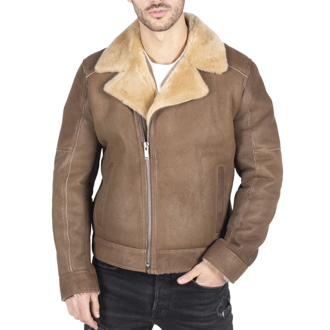 Men's breathable utility coat-Men's Sheepskin Leather Cross Zip Flying Aviator Jacket Camel Brown Fur