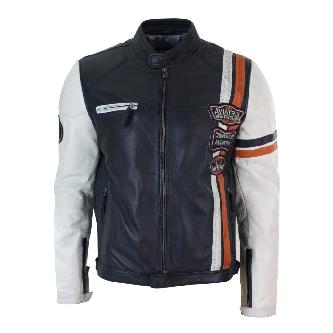 Men's gym performance raincoat-Men's Navy Blue White Leather Biker Jacket Badge