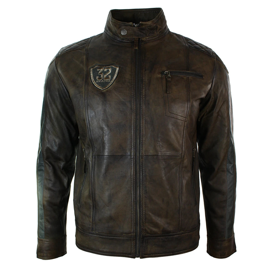 Men's weatherproof puffer jacket-Men's Antique Brown Biker Leather Jacket