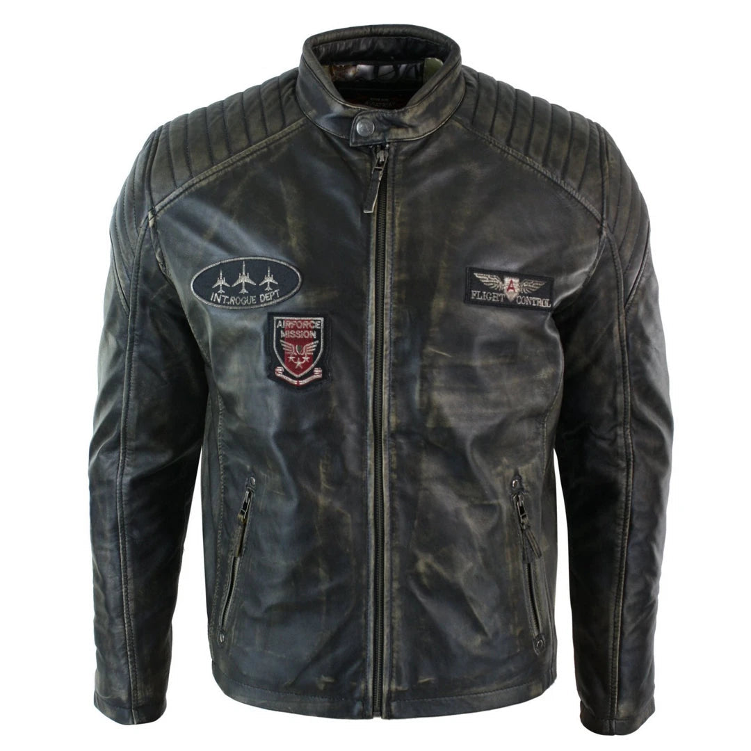 Men's organic windbreaker-Men's Leather Washed Biker Airforce Jacket Distressed Fit