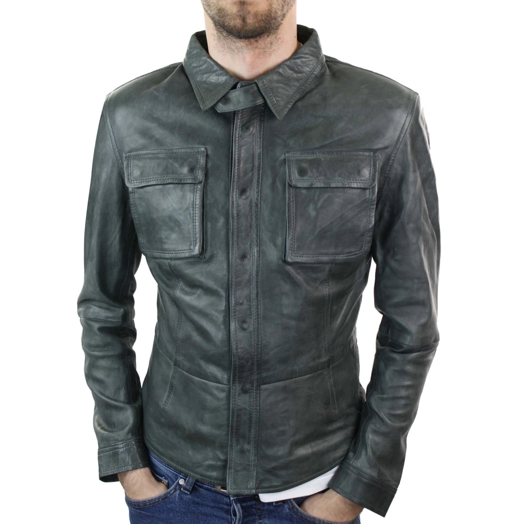 Men's performance travel jacket-Men's Stud Shirt Leather Jacket Tan Grey Black Skinny