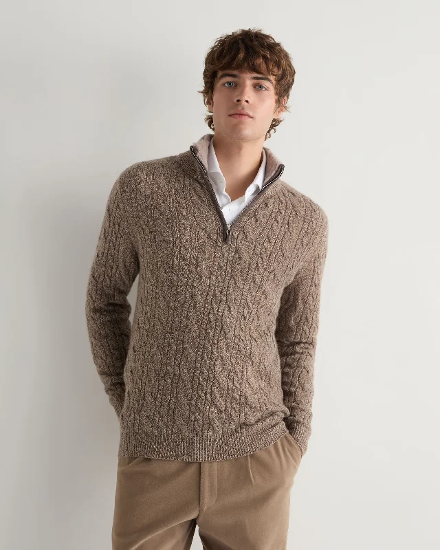 Men's knit pullover-Men's Fur Trim Half Zip Cashmere Sweater Heather Hazel Brown