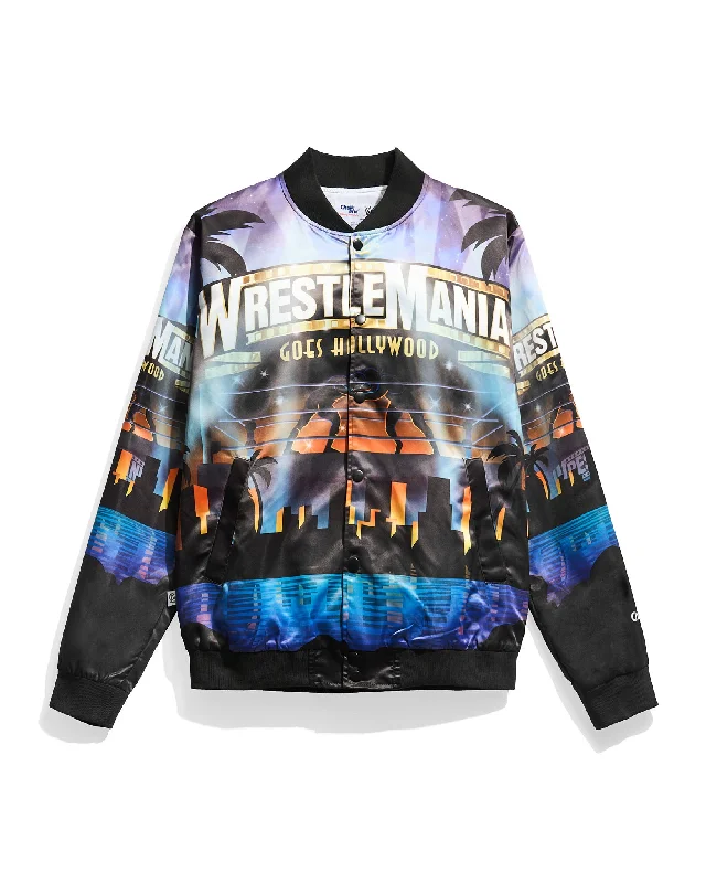 Men's pre-shrunk denim jacket-WrestleMania 39 Goes Hollywood AOP Satin Jacket