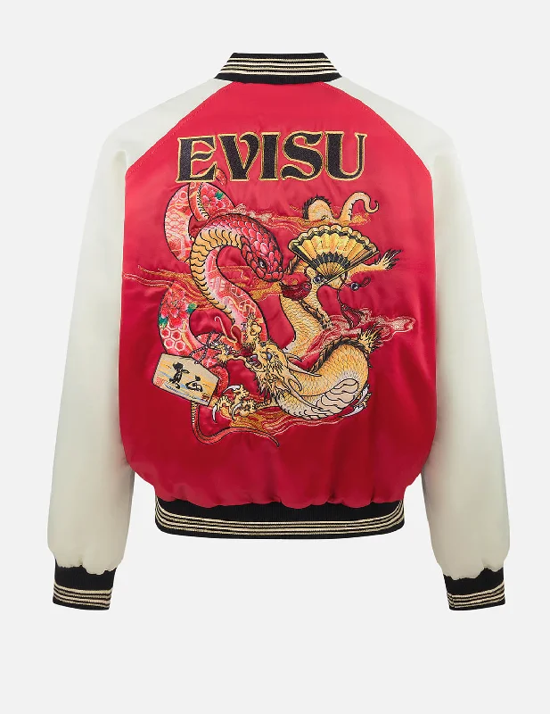 Men's relaxed fit bomber jacket-Soaring Snake Embroidery and Traditional Japanese Totem Prints Reversible Relax Fit Souvenir Jacket - Red