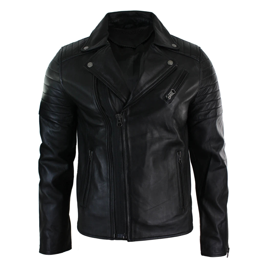 Men's gym performance raincoat-Men's Cross Zip Brando Leather Biker Jacket