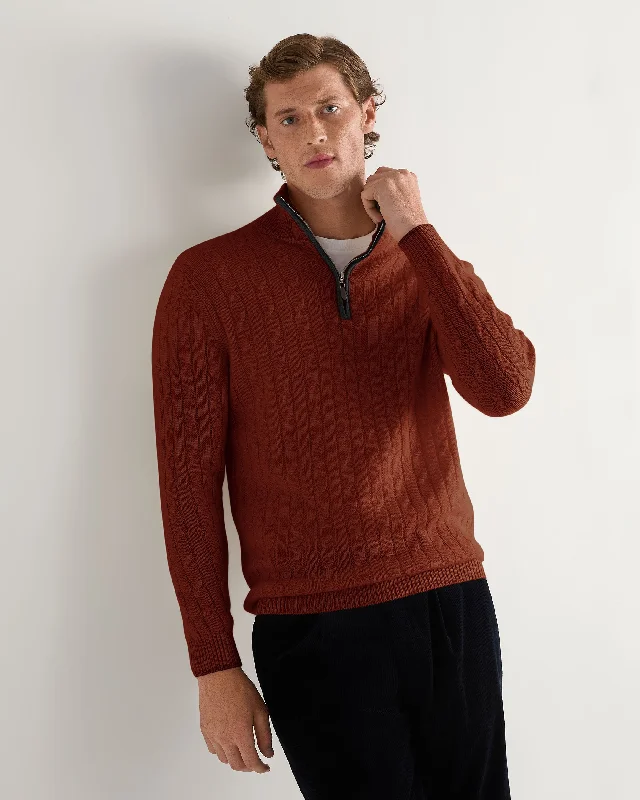 Men's vintage knit-Men's Albemarle Cable Half Zip Cashmere Sweater Spice Orange