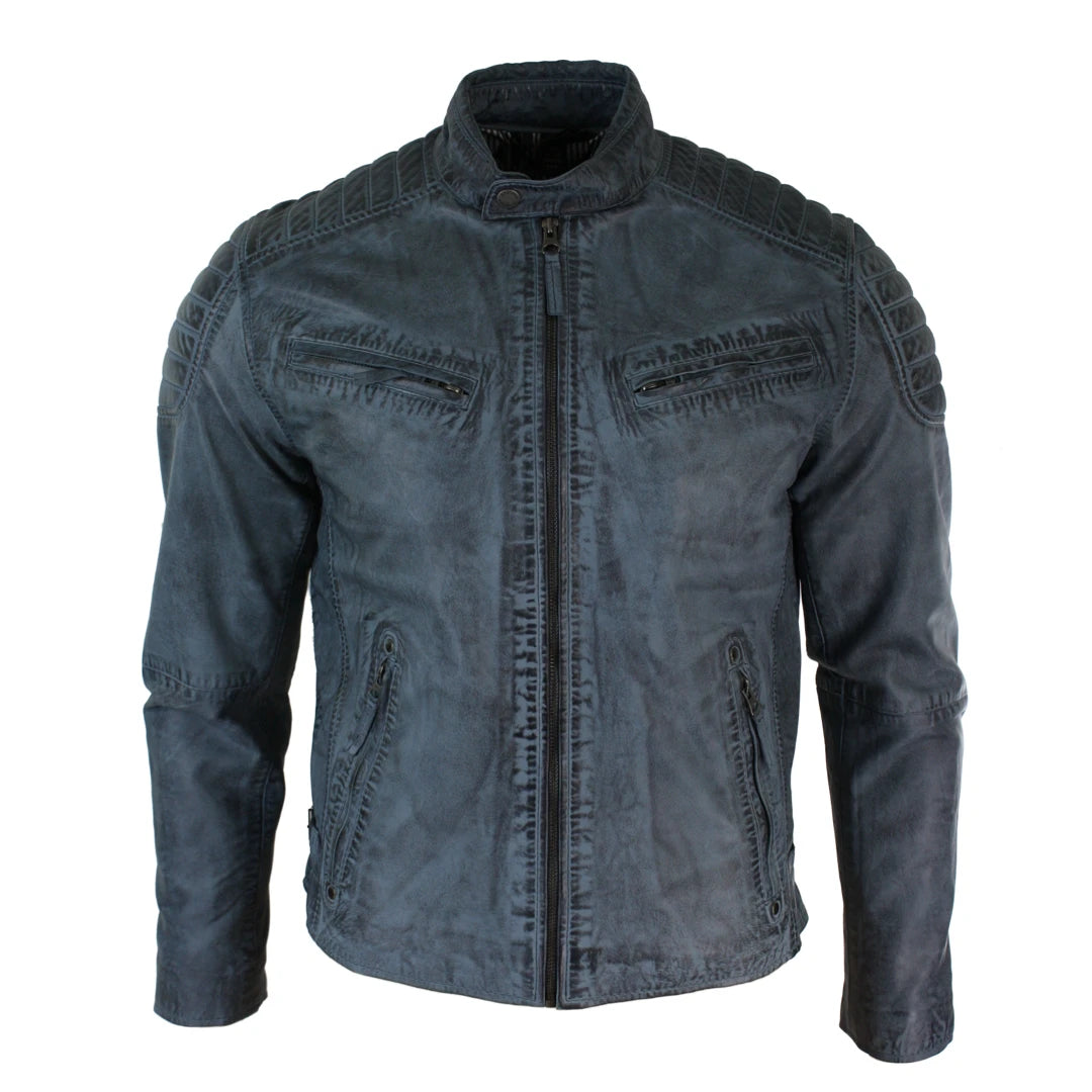 Men's summer softshell jacket-Men's Blue Grey Leather Zipped Biker Jacket Washed