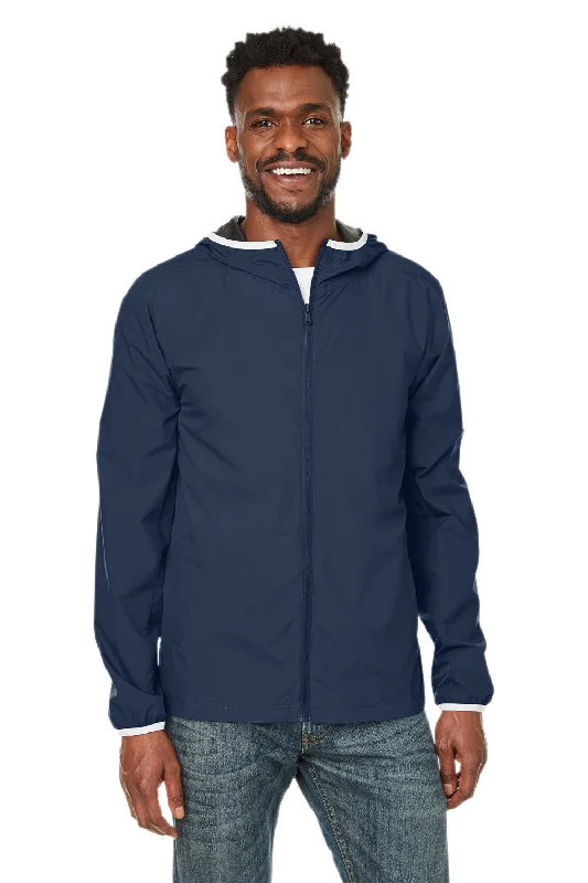 Men's summer trench coat-Nautica Mens Stillwater Water Resistant Full Zip Hooded Windbreaker Jacket - Navy Blue