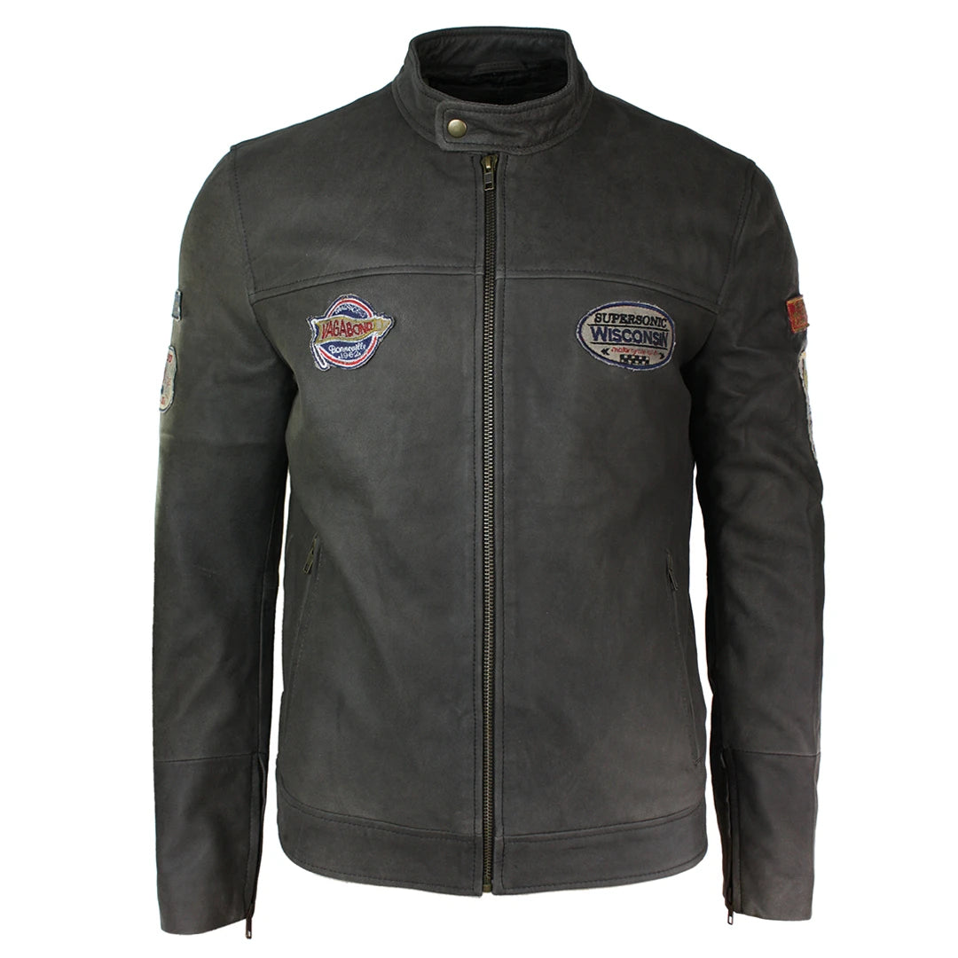 Men's high-stretch fleece jacket-Men's Brown Leather Racer Badge Biker Jacket Washed Distressed