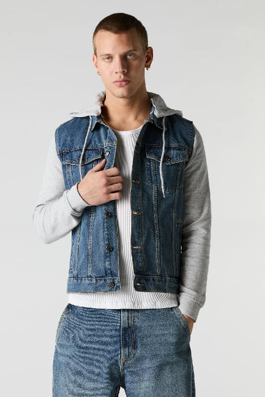 Men's organic windbreaker-Hooded Denim Trucker Jacket