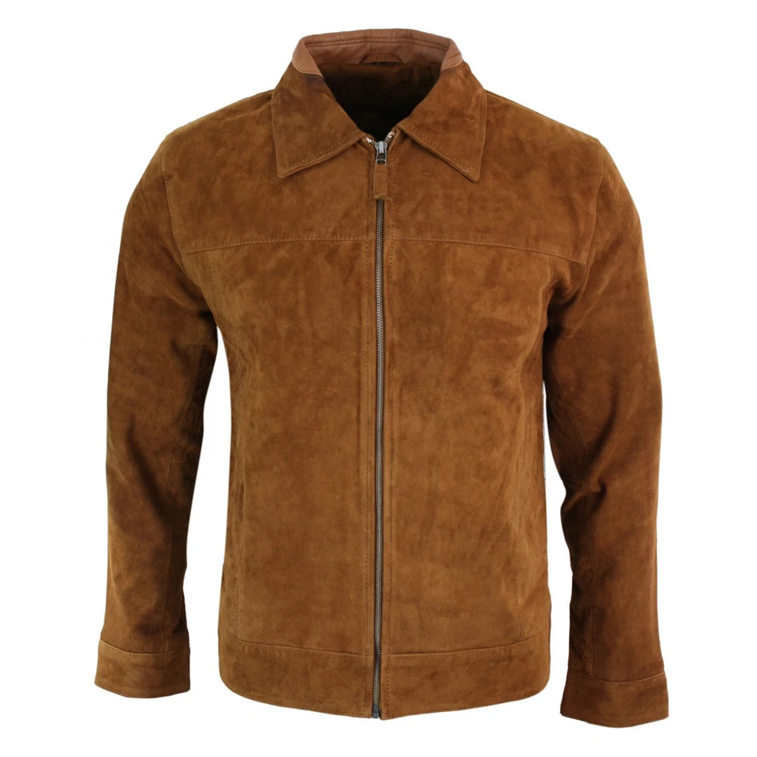 Men's adventure-ready softshell jacket-Men's Suede Leather Classic Zip Jacket Camel Turn Down Collar