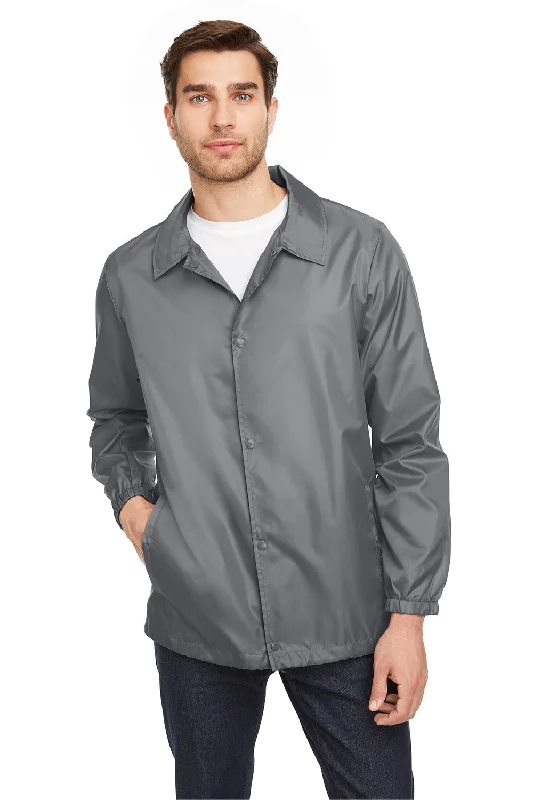 Men's comfortable field coat-Team 365 Mens Zone Protect Water Resistant Snap Down Coaches Jacket - Graphite Grey