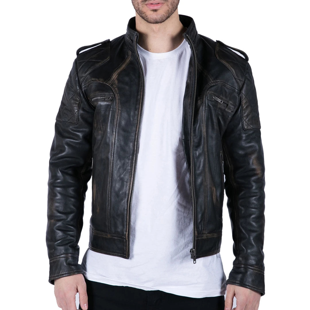 Men's gym performance windbreaker-Men's Leather Black Brown Washed Racer Jacket Biker Zipped Slim