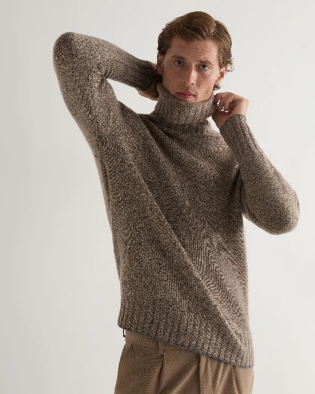 Men's stylish knit-Men's Brompton Marl Turtle Neck Cashmere Sweater Heather Hazel Brown