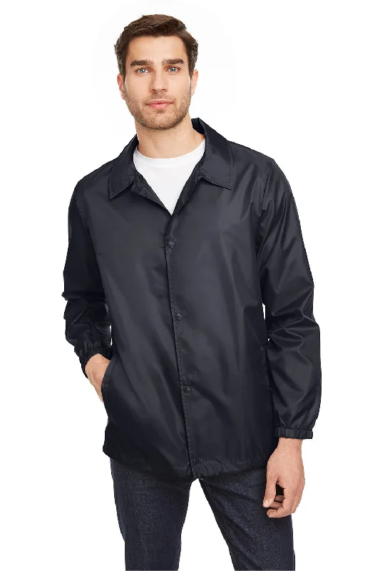 Men's fashionable bomber-Team 365 Mens Zone Protect Water Resistant Snap Down Coaches Jacket - Black