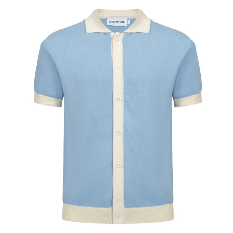 Men's comfortable office polo shirt-Men's Light Blue Knitted Polo With Off White Neck