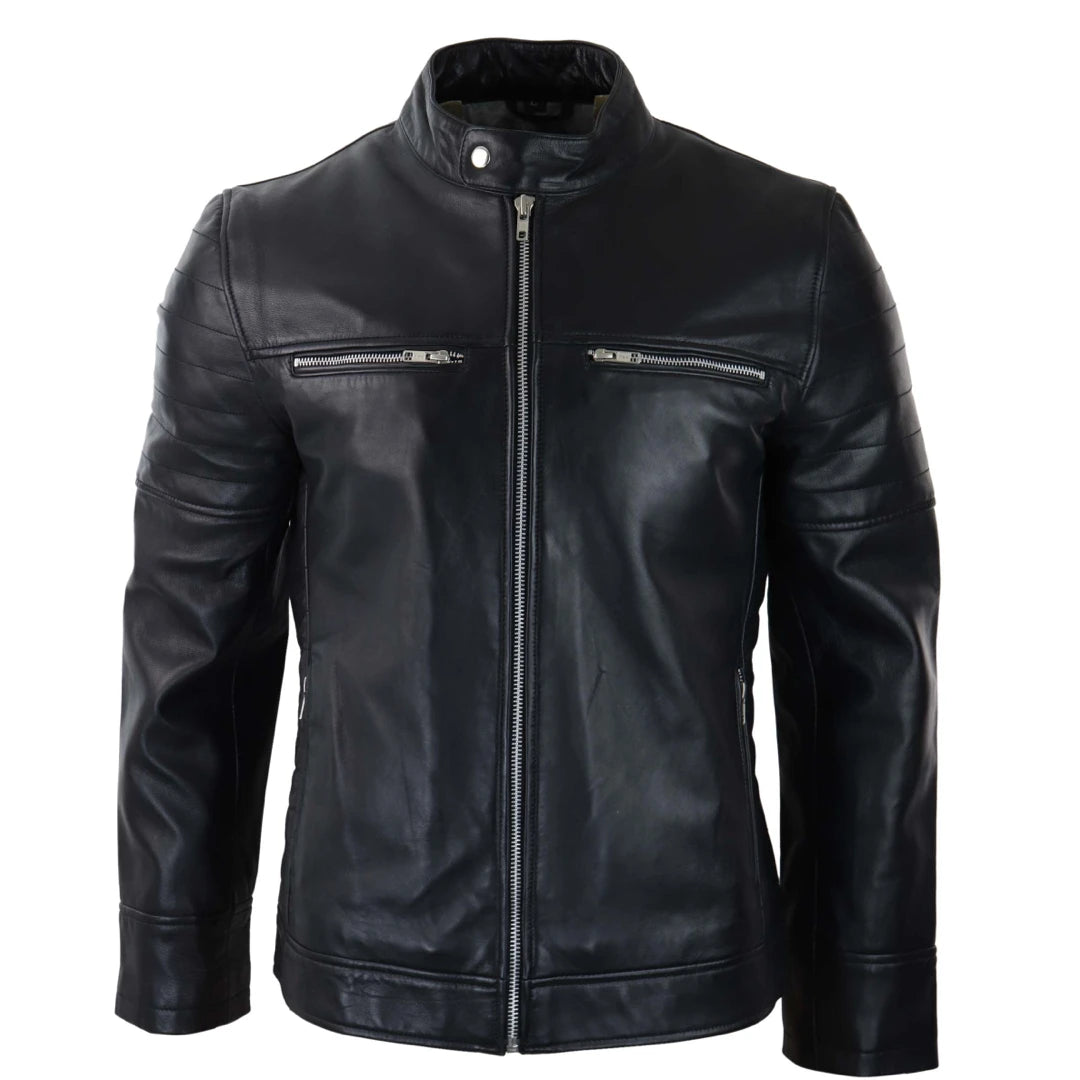 Men's comfortable leather coat-Men's Black Leather Jacket Short Zipped Biker Classic