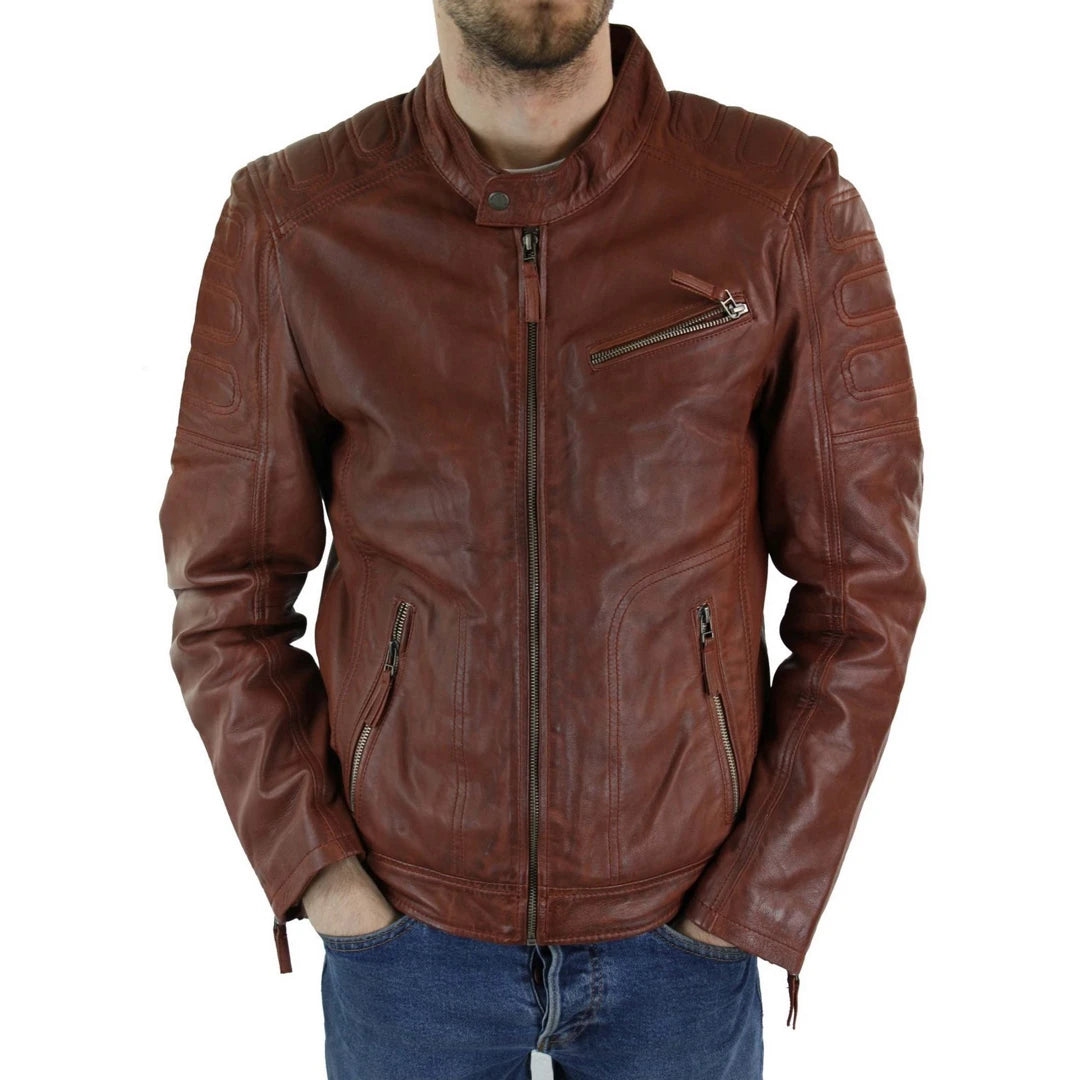 Men's relaxed fit fleece jacket-Men's Tan Brown Short Biker Leather Jacket