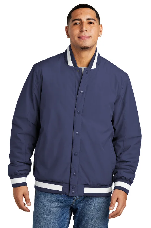 Men's organic wool jacket-Sport-Tek Mens Water Resistant Snap Down Varsity Jacket - True Navy Blue