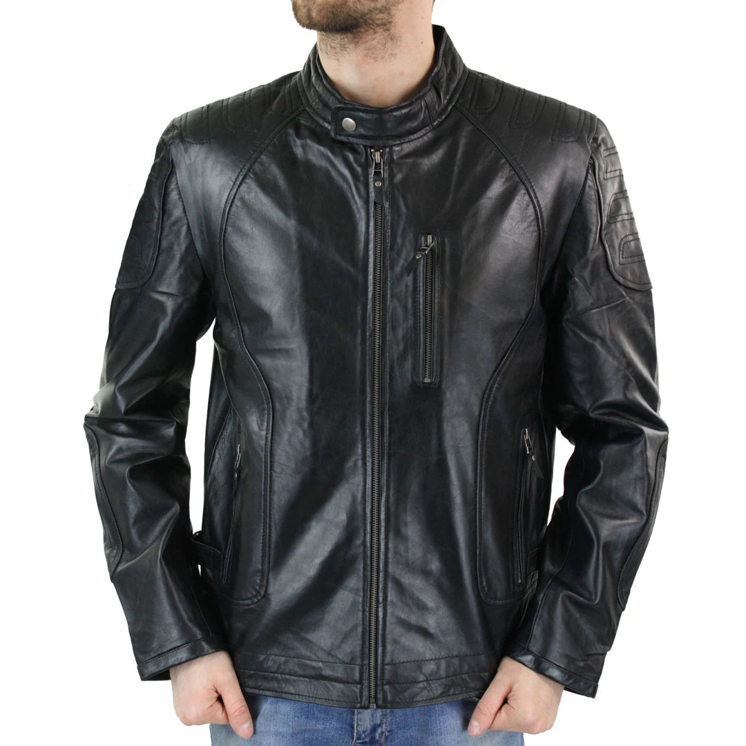 Men's tech-fabric fleece jacket-Men's Biker Leather Blue Black Zipped Jacket