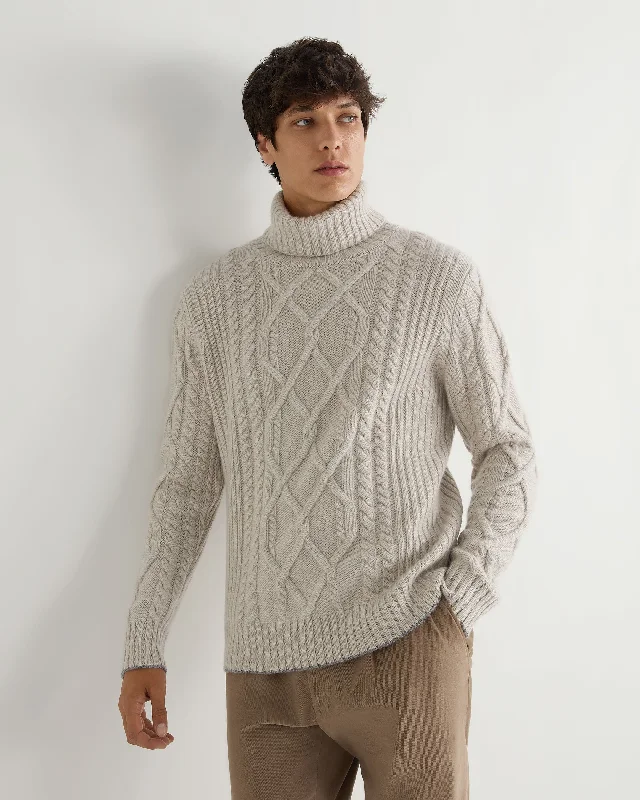 Men's heavyweight sweater-Men's Portobello Cable Turtle Neck Cashmere Sweater Pebble Grey