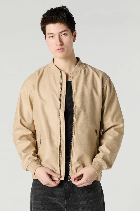 Men's relaxed fit fleece jacket-Faux Suede Bomber Jacket