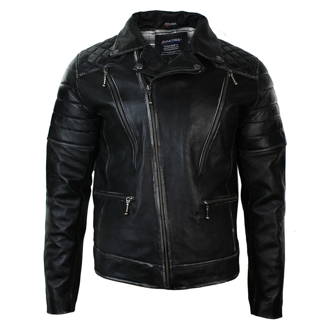 Men's lightweight utility jacket-Men's Punk Rock Leather Cross Zip Biker Jacket Effect