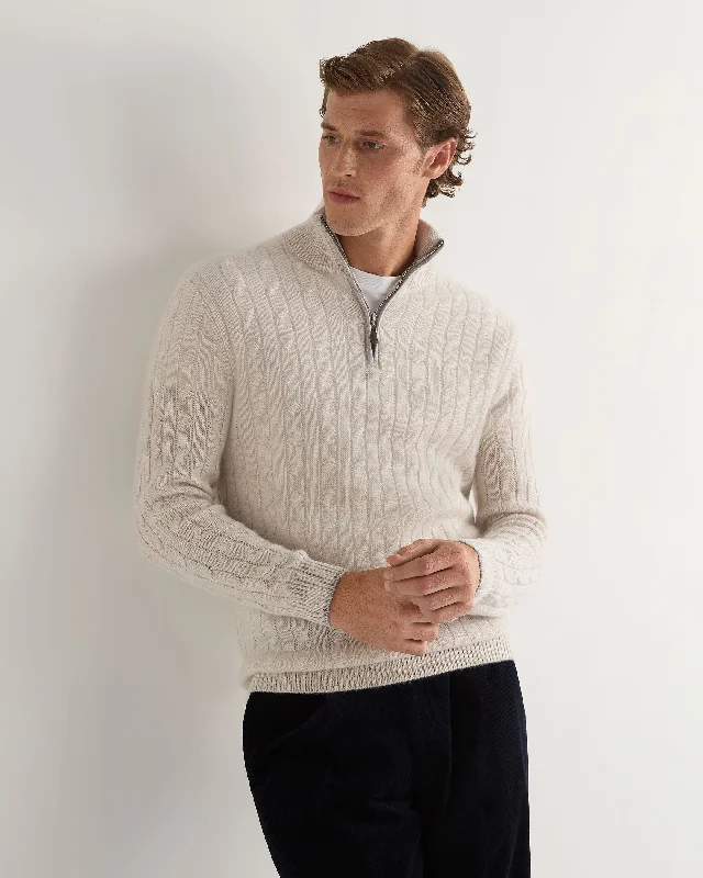 Men's breathable knit-Men's Albemarle Cable Half Zip Cashmere Sweater Frost White