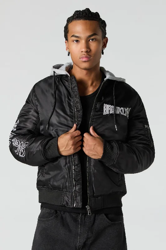 Men's sporty fleece jacket-New York Embroidered Bomber Jacket