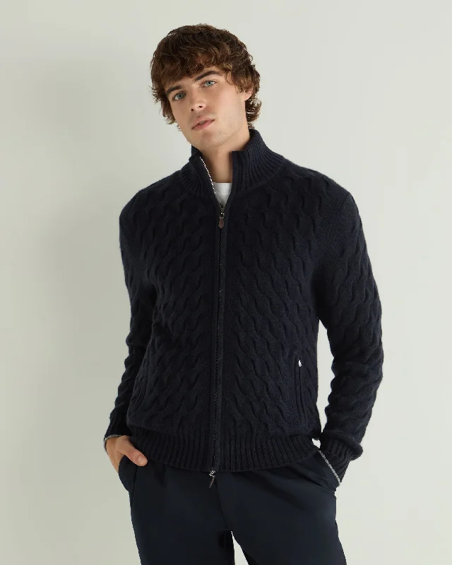 Men's running knit-Men's Hammersmith Cable Full Zip Cashmere Sweater Navy Blue